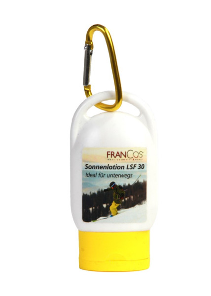 Sonnenmilch LSF 3, 50+ und Sensitiv 30ml Flasche mit Karabinerhaken
