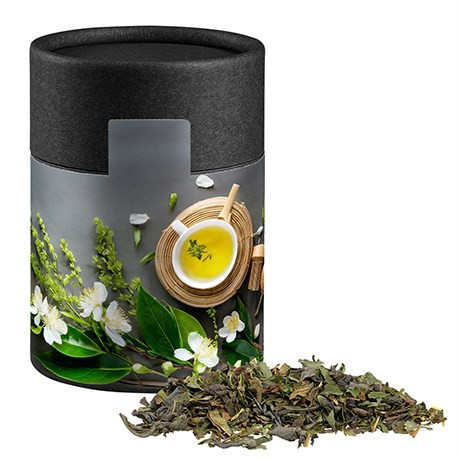 Grüner Tee mit Minze, ca. 30g, Biologisch abbaubare Eco Pappdose Midi schwarz